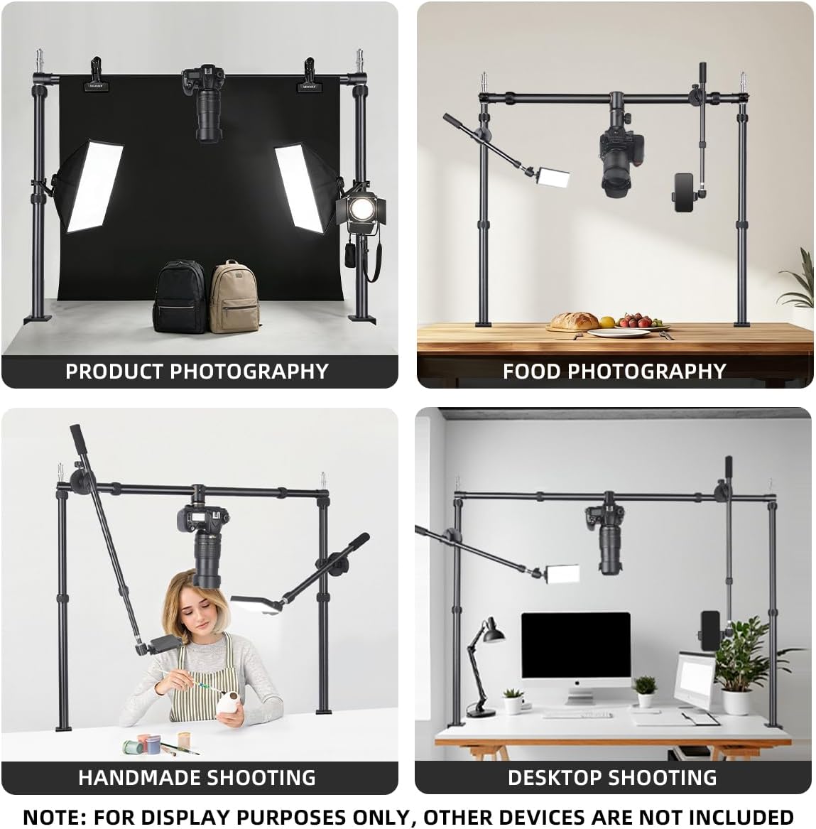 Overhead Camera Mount, 15KG Max Load, Desktop Rig with Sliding & Rotating Ball Head, Adjustable Height/Width, Dual 1/4" Light Mounts for Product Photo, Live Stream & Content Creation