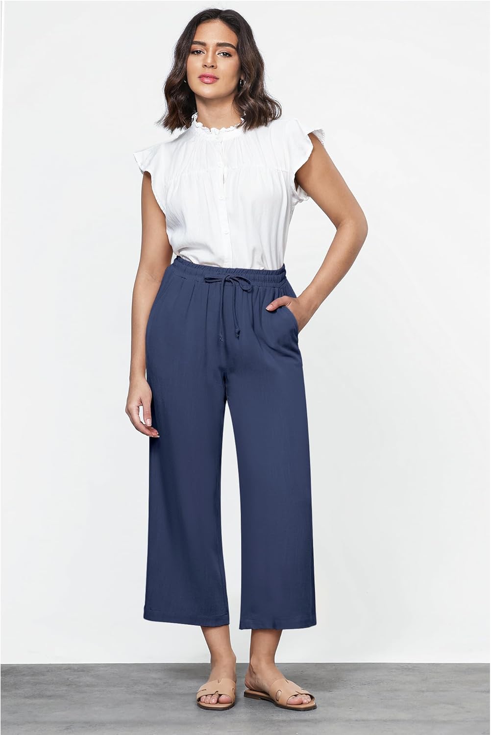 GRAPENT Linen Pants for Women High Waisted Wide Leg Capri Elastic Waist Casual Beach Flowy Cropped Summer Capris Pants - Image 2