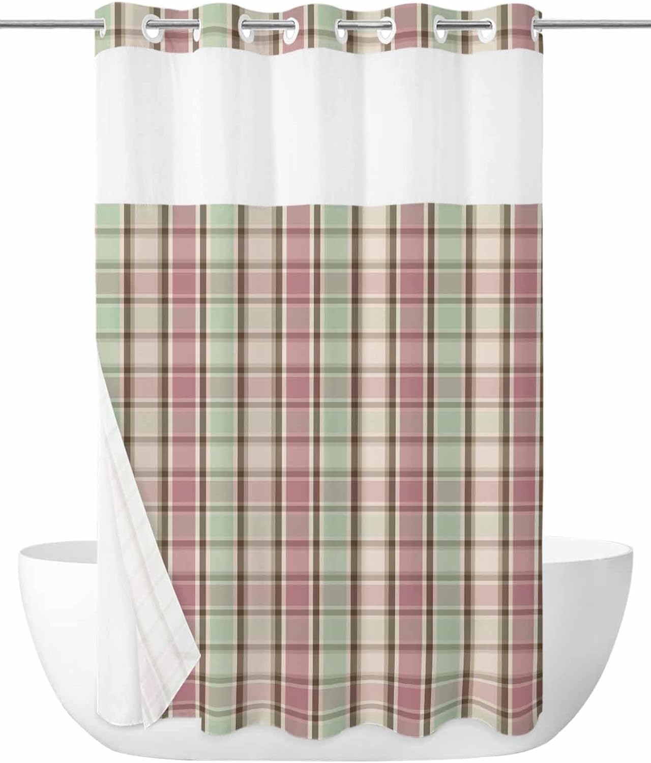 No Hook Shower Curtain with Snap in Fabric Liner Set Green Pink Buffalo Plaid Shower Curtain for Bathroom Pastoral Checked Bath Curtains Waterproof Inner with See Through Top Window for Spa 72x72