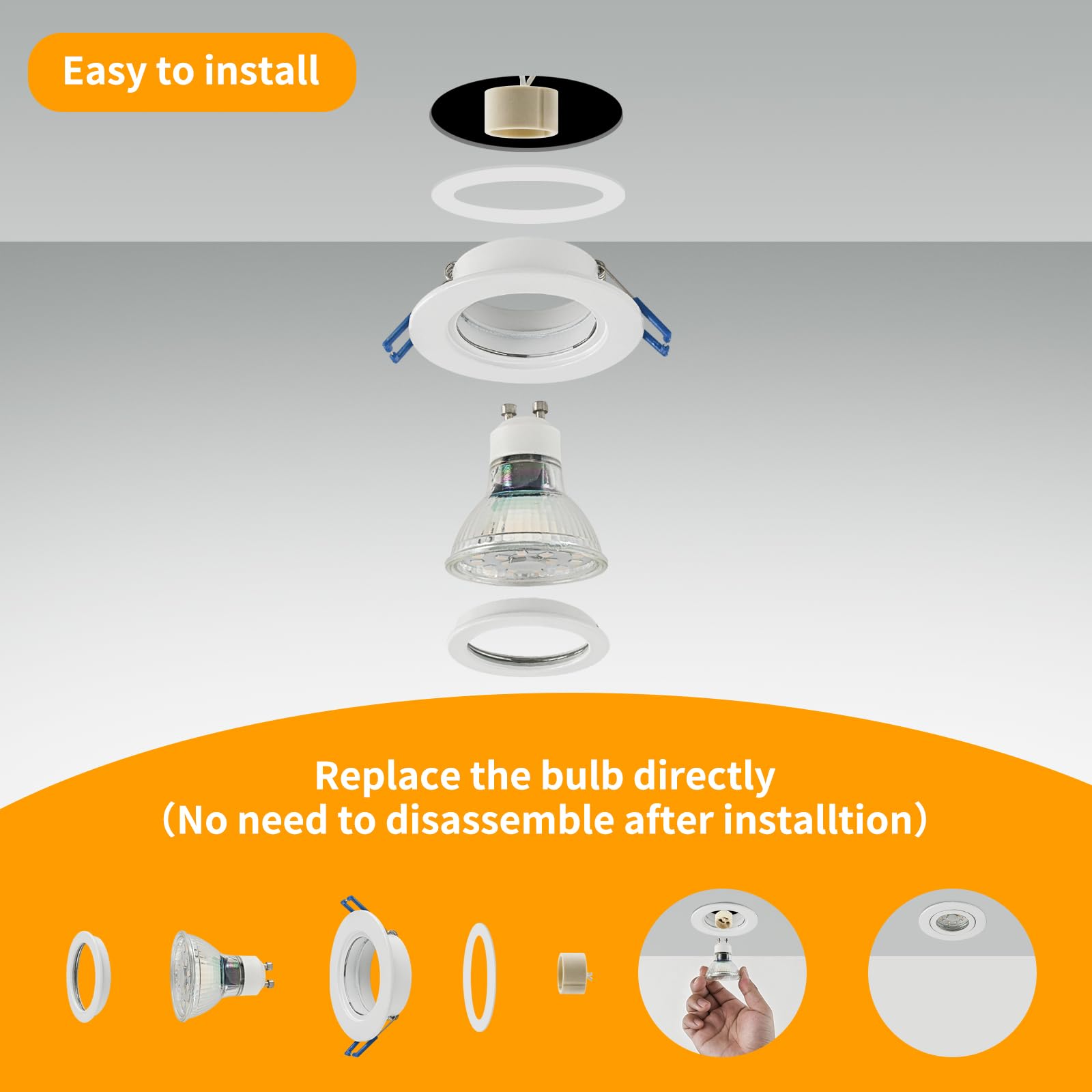 GeyouLux 6 x reflektor LED do zabudowy, 230 V, IP44, oprawka z gniazdem GU10, aluminiowa, biała, okrągła, płaska, okrągła, do łazienki, 68 mm, do użytku na zewnątrz i wewnątrz
