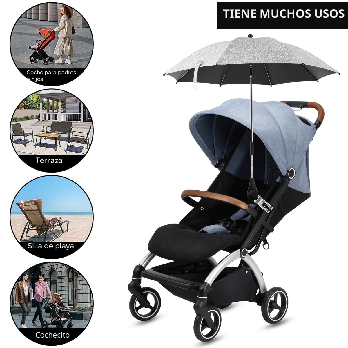 Sombrilla para cochecito de bebé con protección UV de 360° para cochecito, sombrilla universal con abrazadera ajustable y brazo flexible para cochecito, cochecito y cochecito