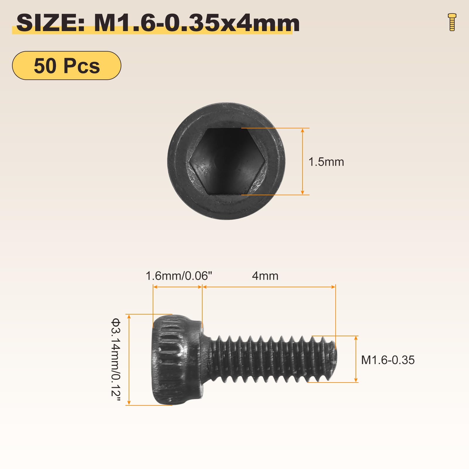 METALLIXITY Socket Head Cap Screws(M1.6-0.35x4mm)50Pcs, Carbon Steel Allen Socket Drive DIN912/ISO4762 Metric Oxide - Image 2