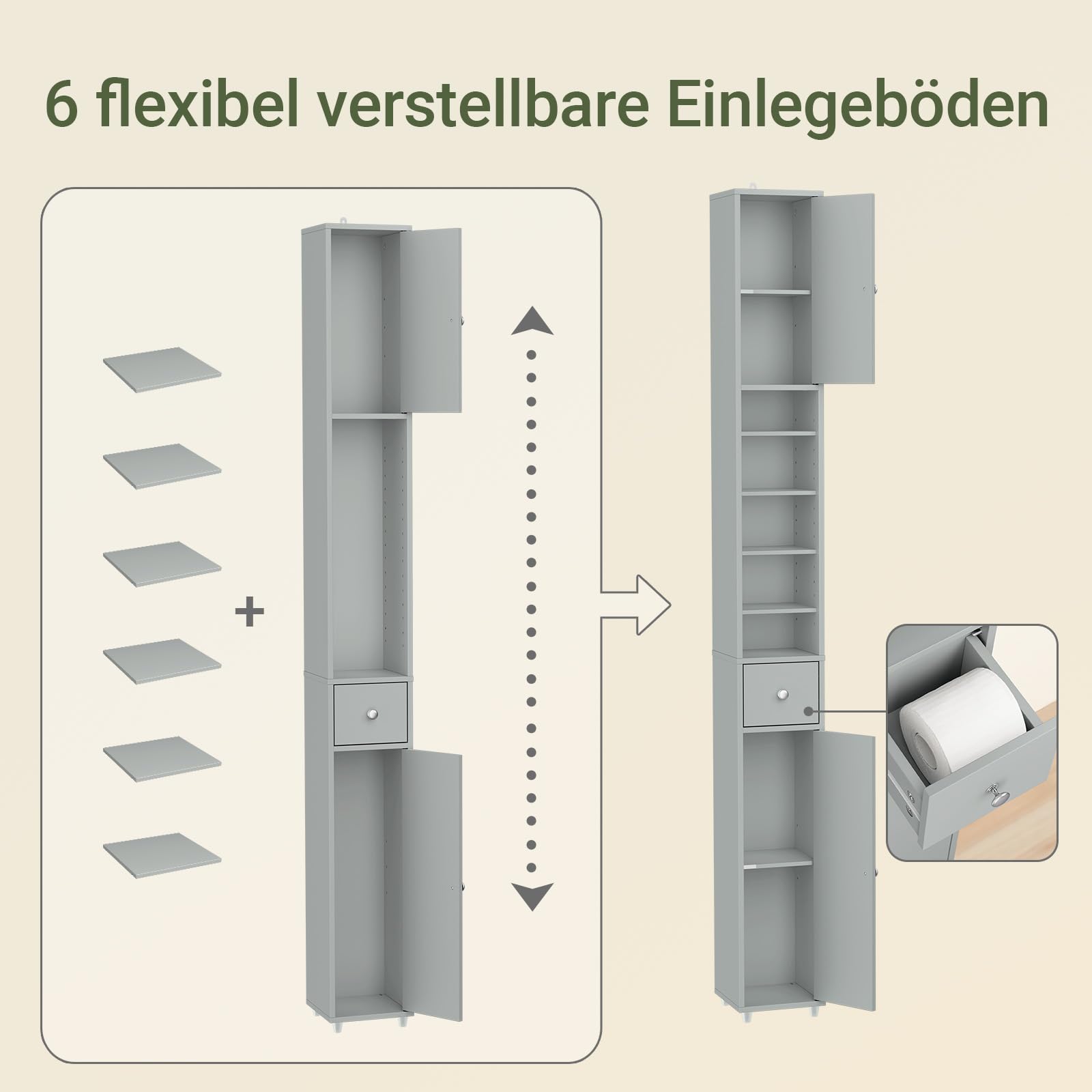 SoBuy Badezimmerschrank Hochschrank Schmal Badschrank für kleine Bäder mit verstellbaren Einlegeböden Platzsparender Badezimmer Schrank für Waschbecken, WC, Waschmaschine 20x20x180cm Grau BZR34-II-HG