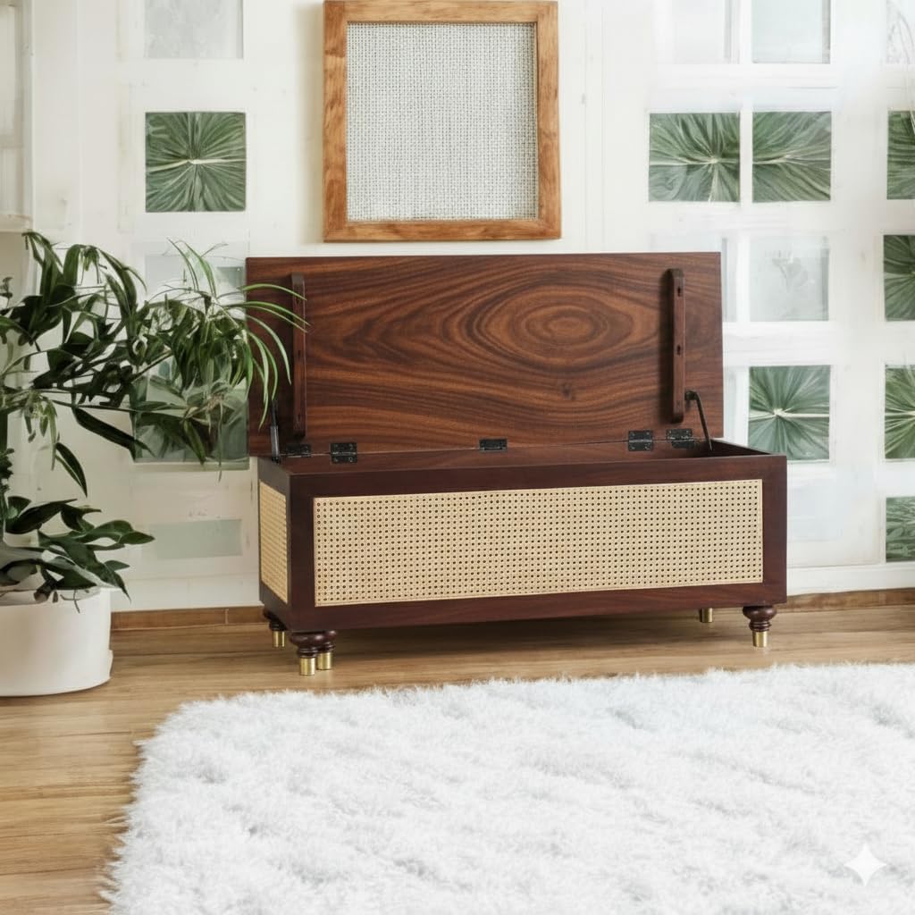 RODIWAL Solid Wood Storage Chest, Boston Rattan Storage Trunk Box – Stylish & Practical Brown Wooden Chest for Home Organization (Walnut)-image-20