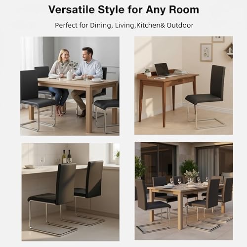 Miniatura 8 de SHGJ&SOFT Juego de 4 sillas de comedor modernas, tapizadas de piel sintética negra con base de trineo de metal, sillas laterales sin brazos con