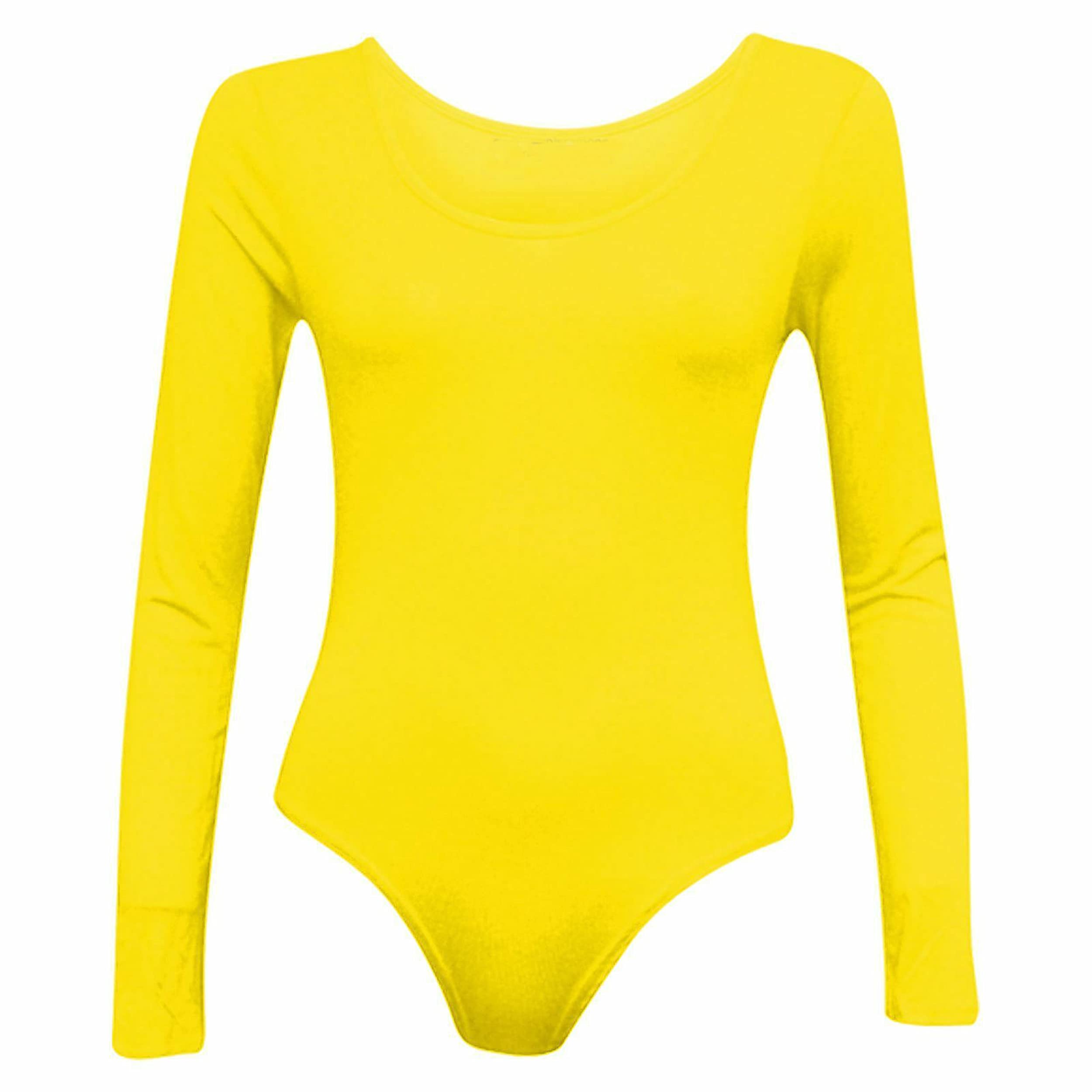 Red Olives® Womens Ladies Plain Long Sleeve Scoop Neck Leotard Top Bodysuit UK 8-14 (8-10, Neon Yellow)