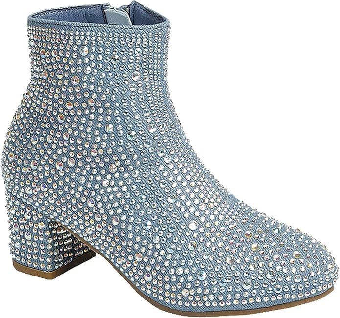 Forever Girls Rhinestone Boots Kids Low Heel Dress Booties Iceberg-12K Shoes Blue Denim Rhinestone 4