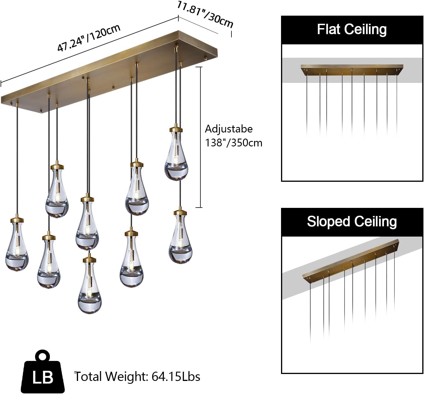 Raindrop 9-Light Cluster Pendant Lights, Black Hanging Chandelier with Clear Glass Shades, Adjustable Rope Kitchen Island Light for Long Dining Table, Staircase, Foyer, Living Room