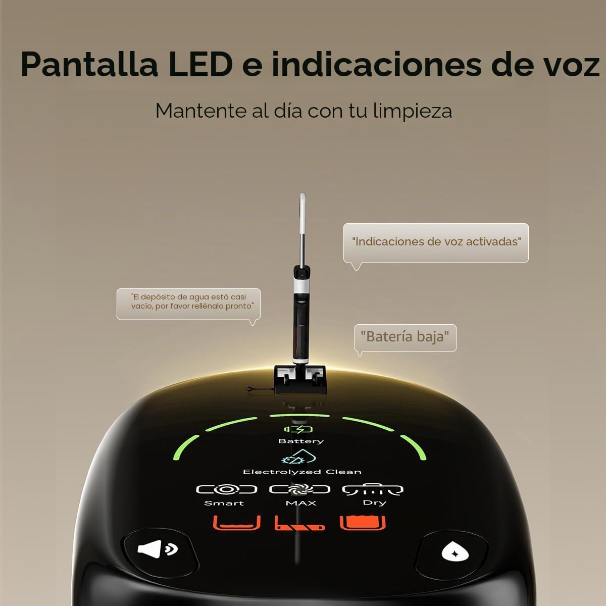 uwant D500 LED display showing battery level, cleaning modes (Smart, Max, Dry), and electrolysis status. Voice prompt indicators for 'Voice prompts activated', 'Water tank is almost empty', and 'Low battery' are also shown.