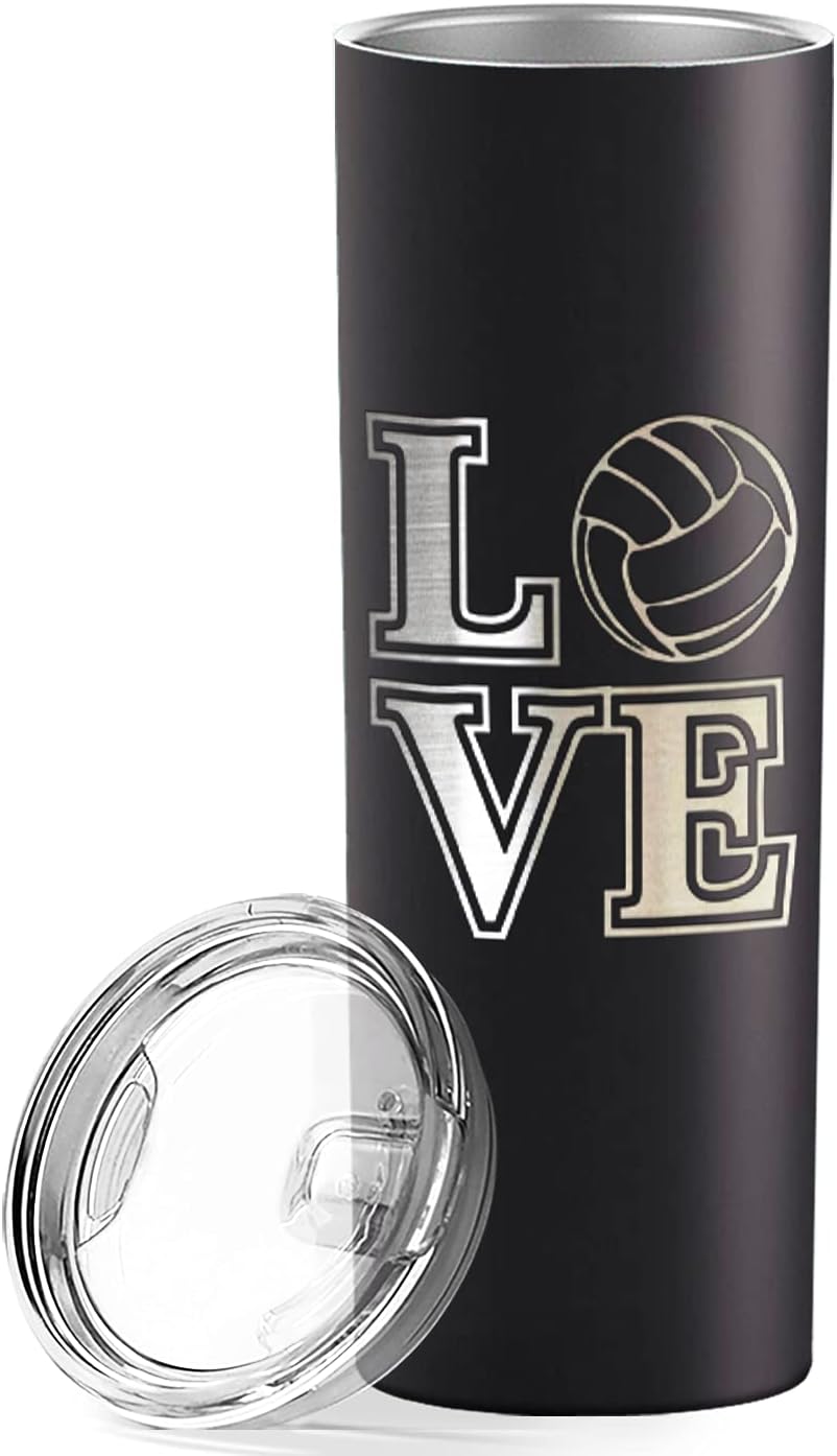 Cuptify Love Volleyball Laser Engraved Skinny Tumbler with Lid and Straw Black 20 oz Insulated Stainless Steel Volleyball Gift