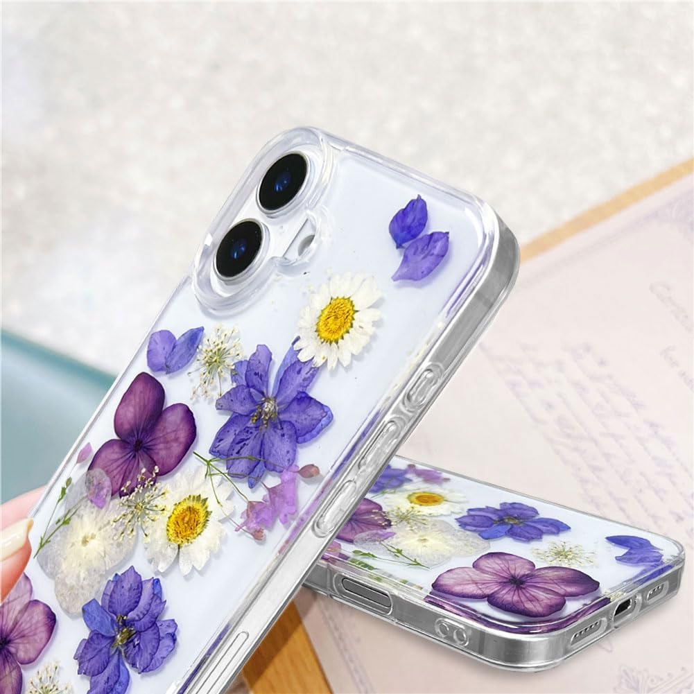 Abbery for iPhone 16 Case Cute Clear with Dry Real Floral Design Soft TPU Aesthetic Shockproof Protective Women Girl's Kawaii Trendy Violet Purple Flower Phone Case for iPhone 16 - Image 6