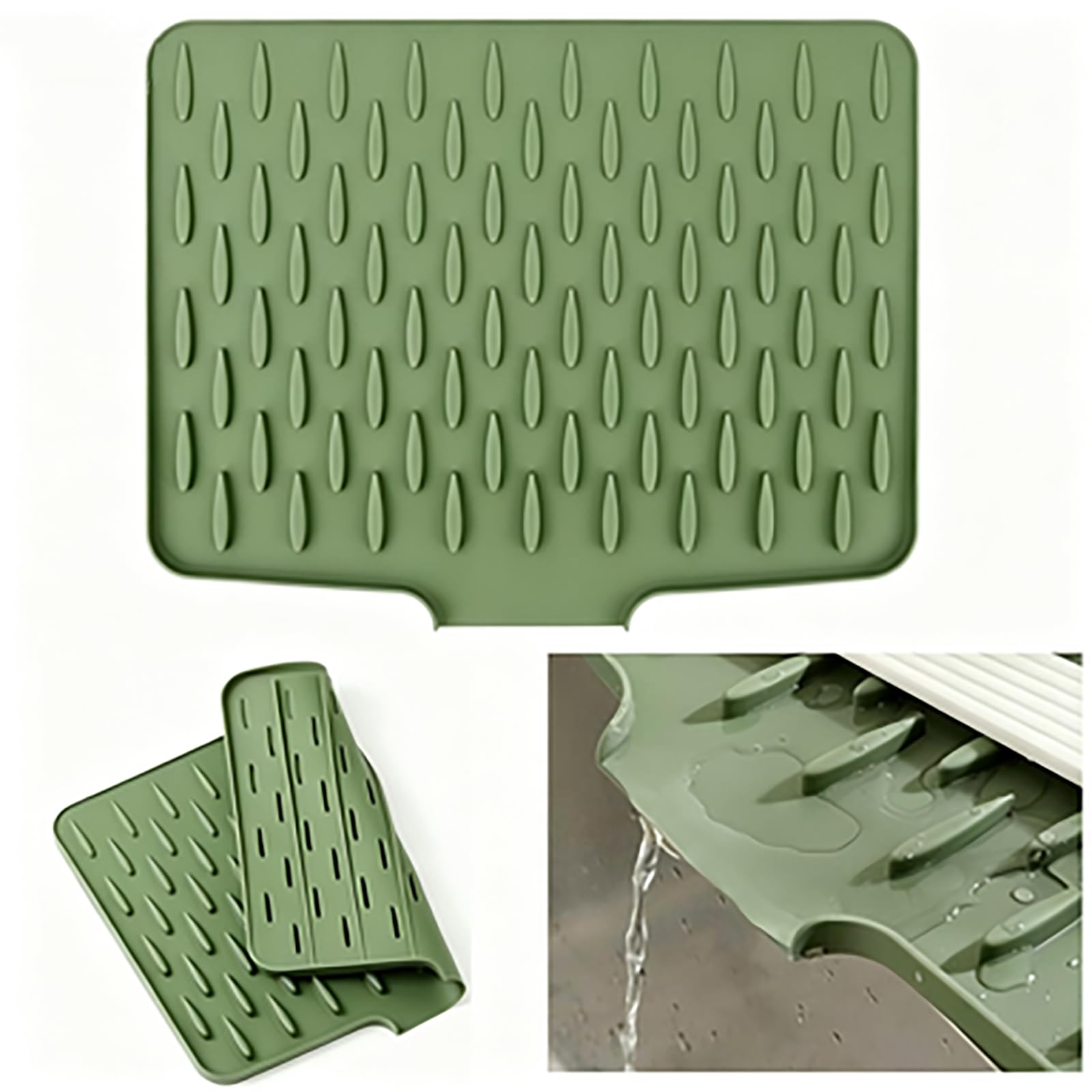 Silicone Drying Mat for Dishes, 18"x12" Large Non-Slip Sink Drainer Mat with Raised Edges, Heat Resistant Foldable Counter Mat for Kitchen, Campervan, or Bar (Green)