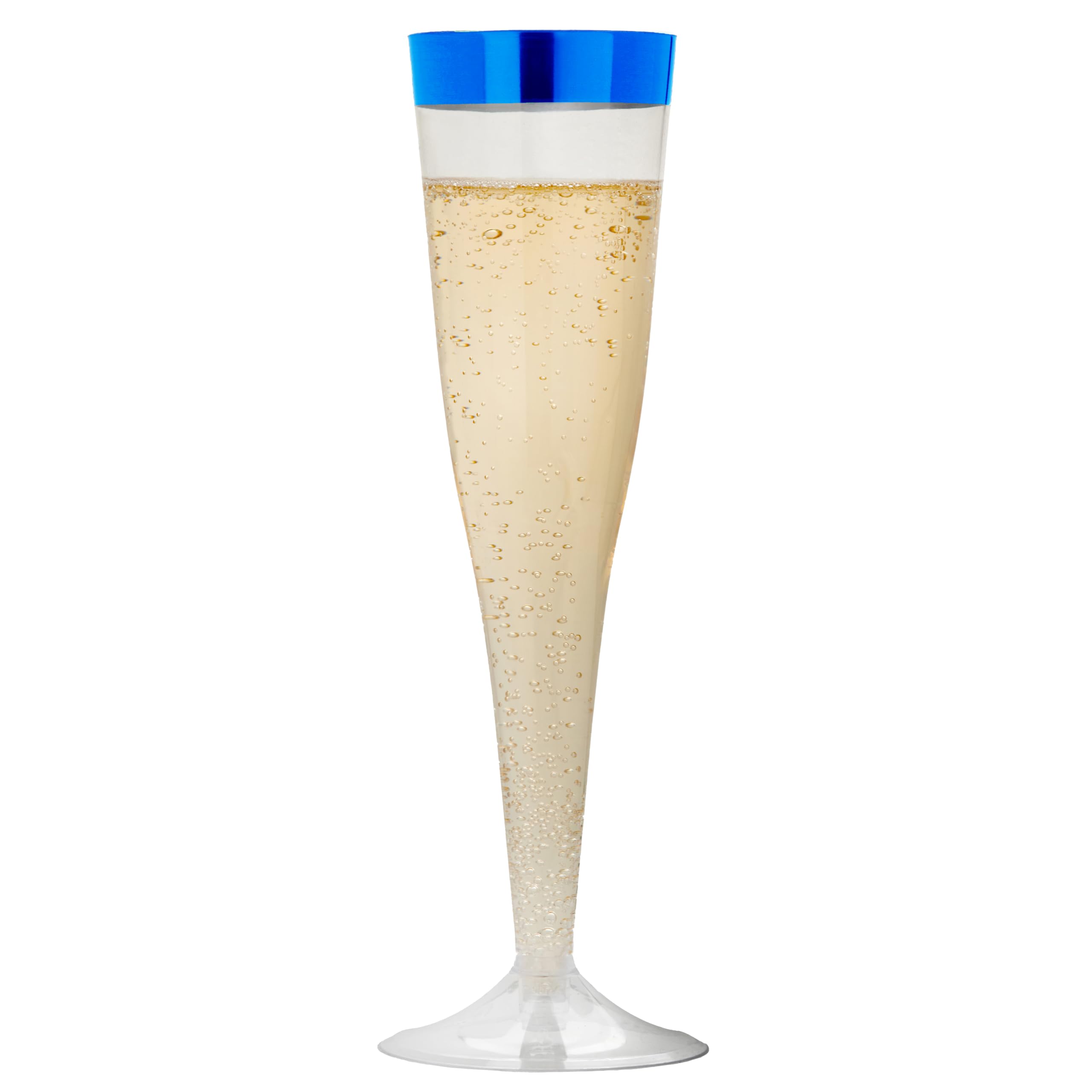 50pc 6oz Blue Rimmed Plastic Champagne Flutes - Disposable Champagne Glasses - Plastic Wine Cups - Fancy Plastic Cocktail Cups - Wedding Party Supplies