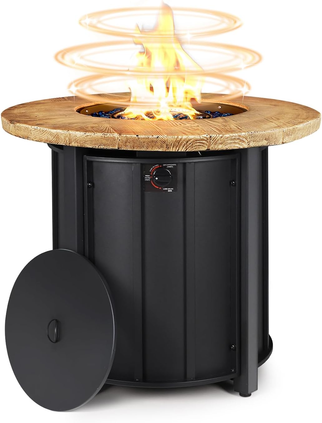 30 Inch Round Propane Fire Pit Table,50000 BTU Outdoor Gas Firepit with Automatic Ignition & Lid Cover,Iron Steel Firepit for Outside,Patio,Deck,Backyard w Glass Stones & Rain Cover