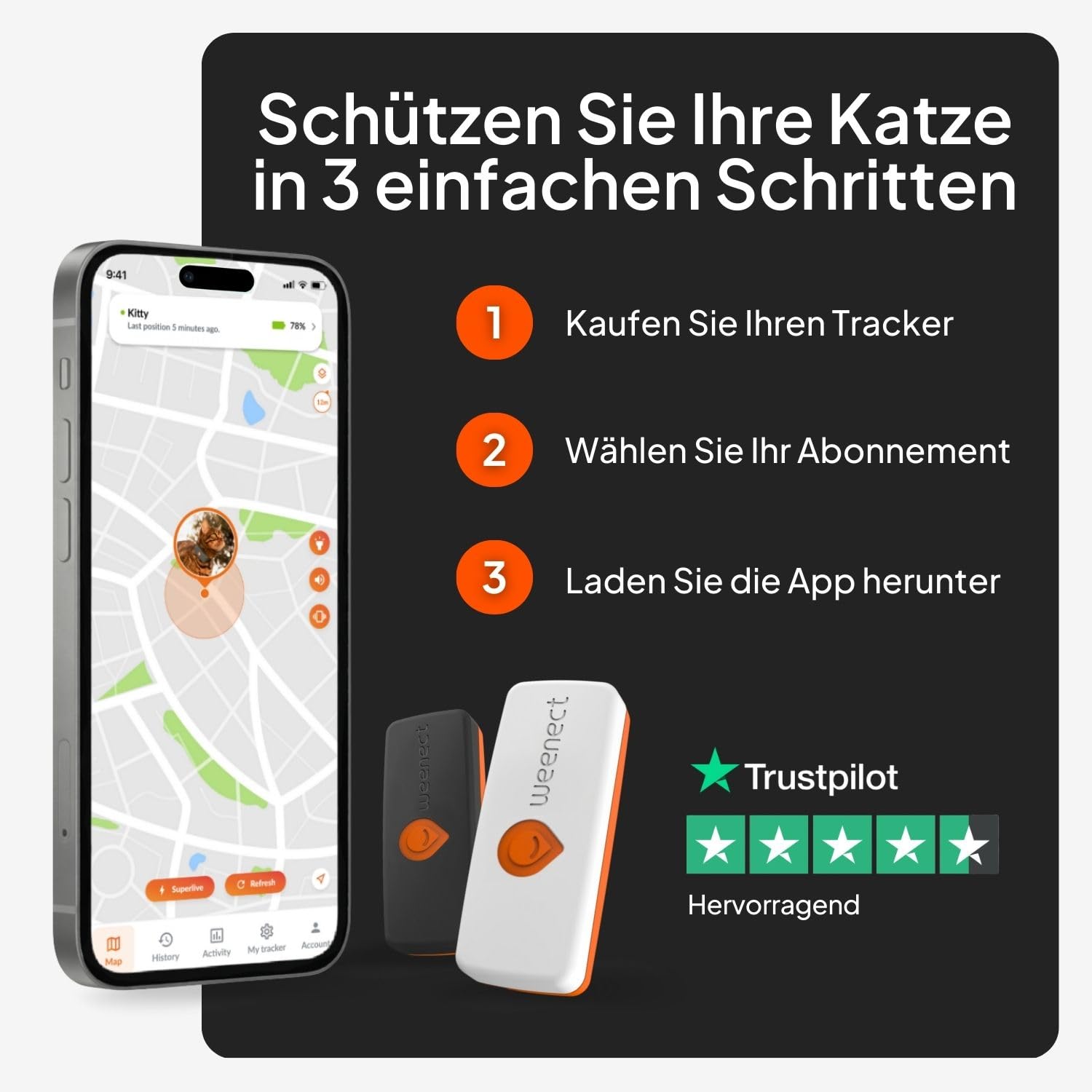 Weenect XS für Katzen - NEU Mini GPS-Tracker für Katzen | GPS-Tracking in Echtzeit | Ohne Distanzlimit | Kleinstes Modell auf dem Markt (Schwarz, XS)