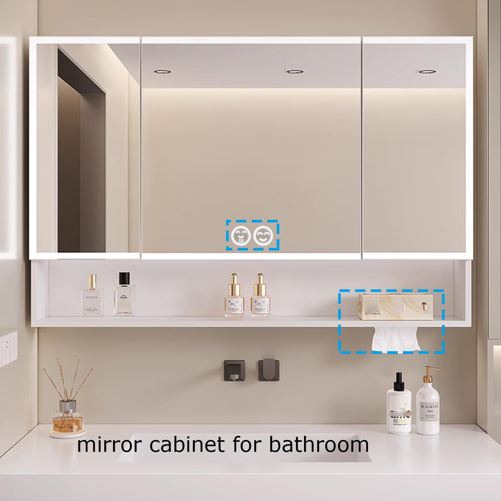 Armario espejo baño con luz,armario baño con espejo y luz led,LED espejo con almacenaje de maquillaje,armario baÃo con Interruptor Táctil,visualización de la hora(Beige,W70*H70cm/W27.5*H27.5in)
