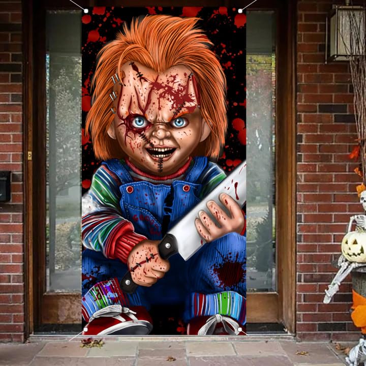 Horror Banner Halloween Door Cover, 3.0x5.9Ft Horror Classic Movie Character Door Banner Large Horror Birthday Background Supplies for Kids Adults Decorations Photo Booth Props Wall Hanging Decor