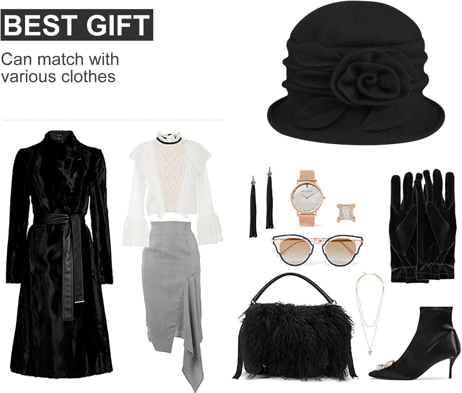 Sumolux Women Beret Hat French Vintage Floral Wool Dress Cloche Classic Winter Hat 1920s - Image 6