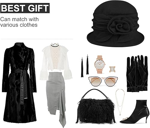 Miniatura 6 de Sumolux Sombrero de boina para mujer, estilo francés, vintage, floral, de lana, Cloche, clásico, de invierno, 1920