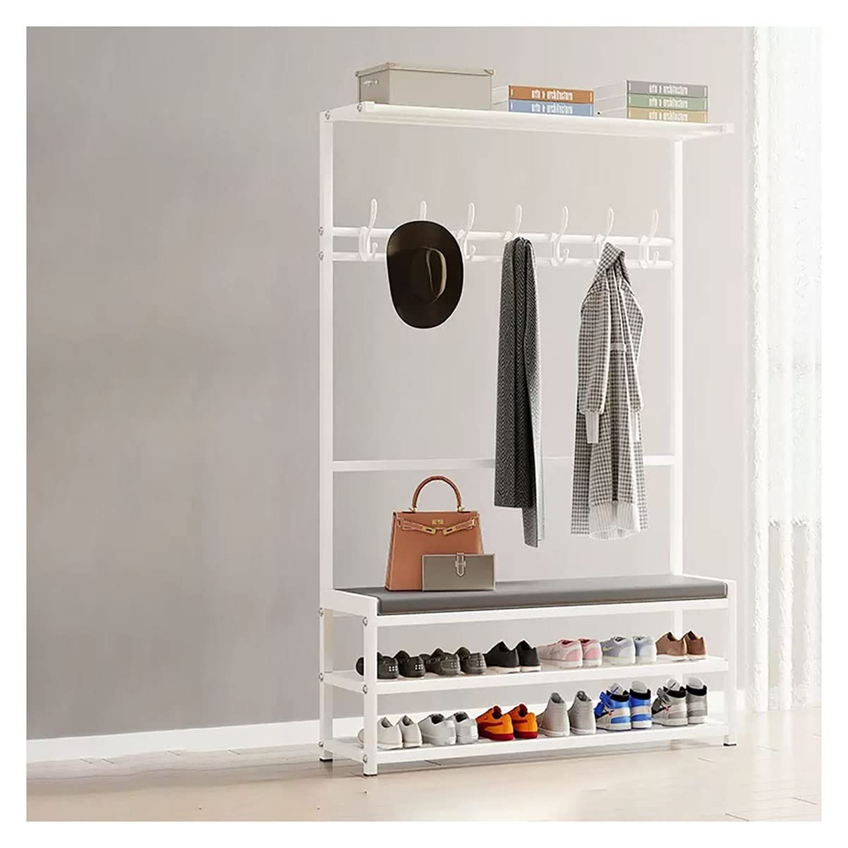 BHFPFZA White Metal Coat Rack Stand with Shoe Storage Bench - Stylish Entryway nizer for Coats, Hats, Bags, Umbrellas - 90cm Modern Home Furniture