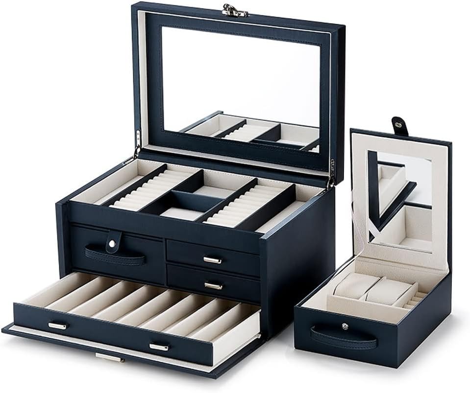 Jewelry Box, Jewerly Box Jewelry Box Organizer for Women Girls PU Leather Large Capacity with Mirror and Removable Tray Portable Jewelry Case Storage Jewelry Box for Women(C) (A)