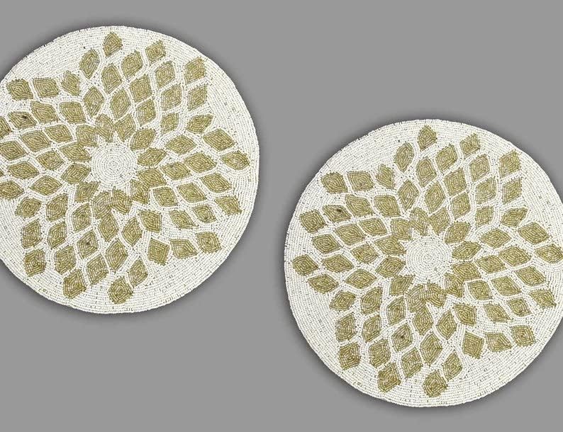 HM CREATIONS Set of 6 Placemat Set of 6 Handmade Beaded Placemat, XL White and Silver Tablemat, Designer Charger Plates 13X13 Inches