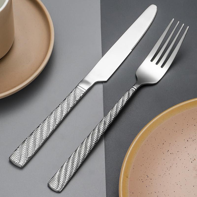 ONUIFIKE Silverware Set, 4/16/24/32/40/48 Pieces High-end Thick Hemp Rope Pattern Hotel Stainless Steel Tableware Steak Knives, Forks And Spoons, Home Cutlery Flatware Set(48 Piece set for 12)