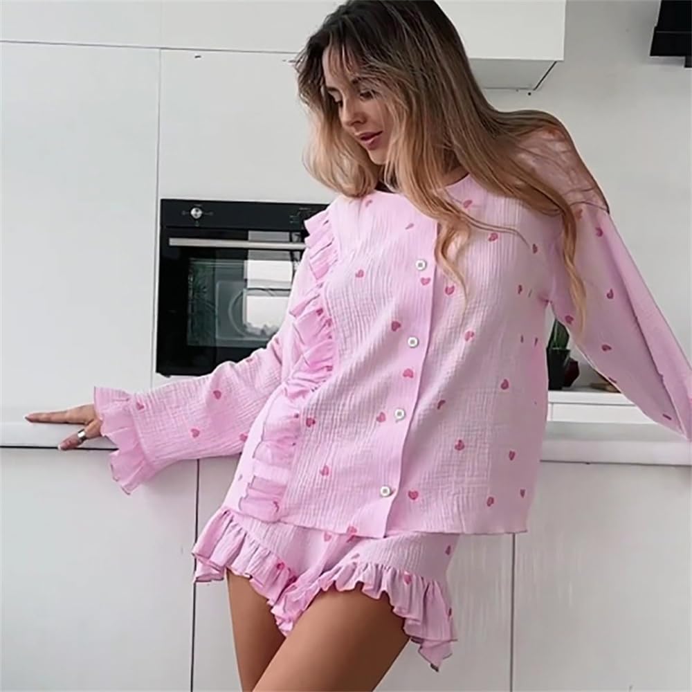 Pigiama da Donna Set A Tre Pezzi Elegante Camicia Maniche Lunghe + Top Senza Cinturine Pantaloni in Vita Alta -White-l