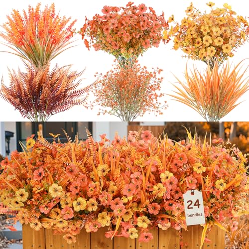 Alupssuc 24 Paquetes de Flores Artificiales Otoño para Exterior, Resistentes Rayos UV, Eucalipto, Violetas y Lavanda, Seda Flores, para Jardines, Porches, Ventanas Decoración, Naranja Rojo Otoñal