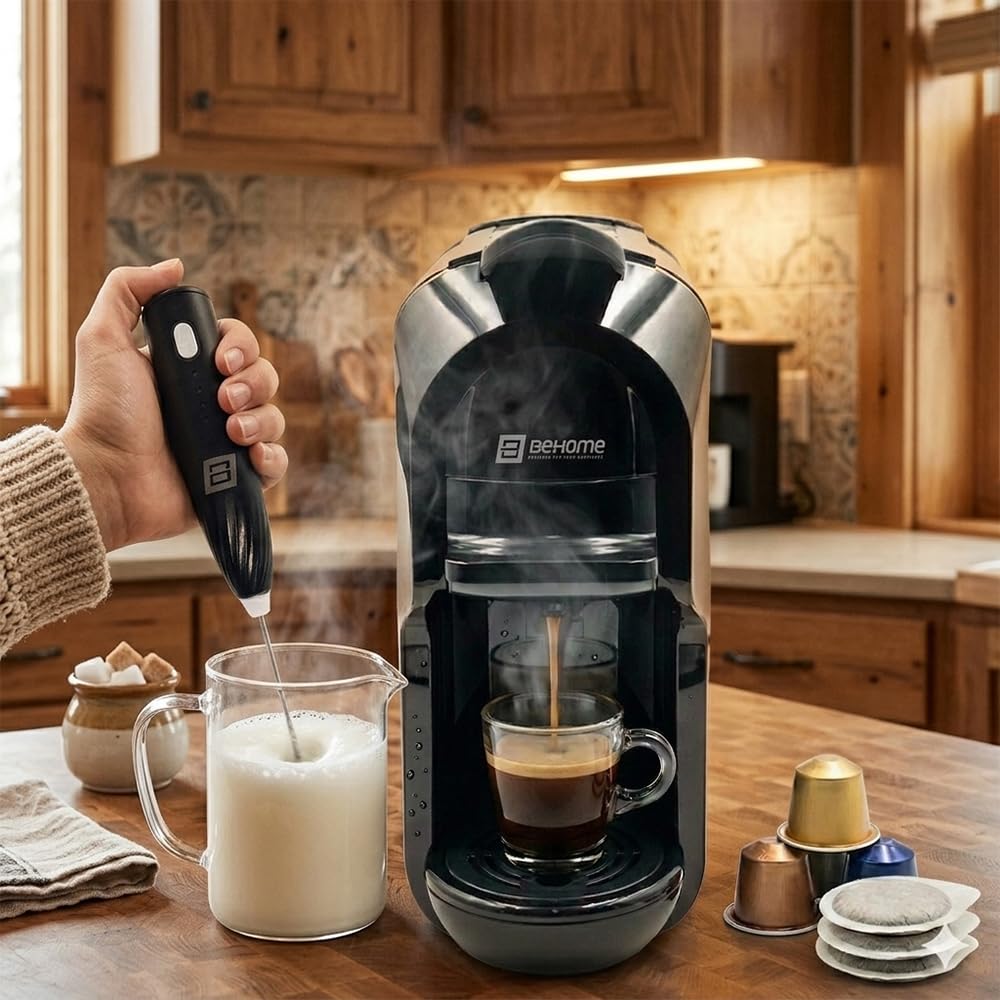BEHOME Espresso ekspres do kawy do kapsułek i kapsułek kompatybilne z Nespresso i Dolce Gusto, 3 różne adaptery, system antywapienny + elektryczny spieniony spieniony trzepaczka do kawy, idealna kombi