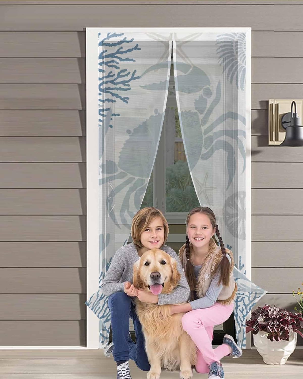 Blue Crab Coastal Magnetic Screen Door, Summer Coral Nautical Hands Free Screen Mesh Size 38" x 83", Reinforce Heavy Duty Mesh Screen Doors for Patio/Front/Sliding Door