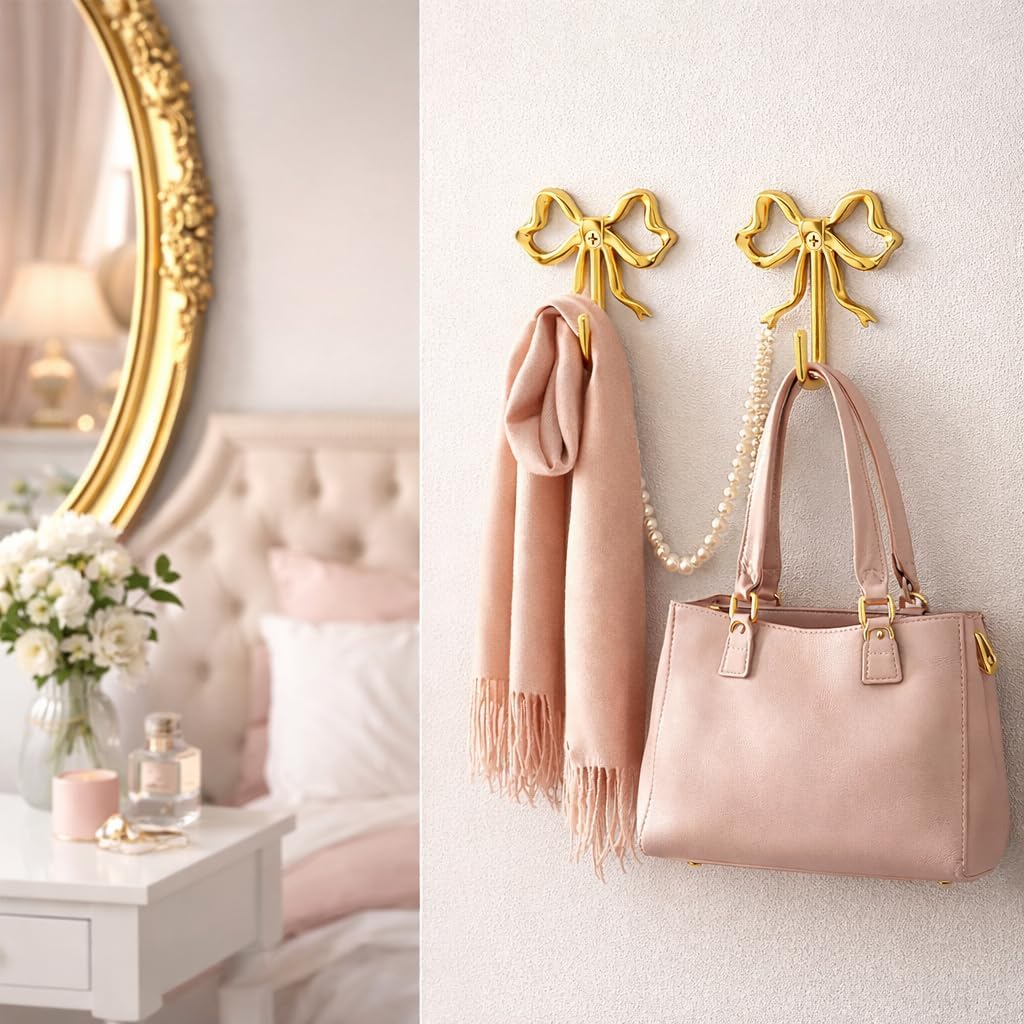 2 Pcs Gold Bow Wall Hooks, Wall Mount Metal Decorative Bathroom Towel Hooks, Cute Coquette Bow Decor for Girls Room, Hand Towel Robe Key Purse Coat Holder with Mounting Hardware