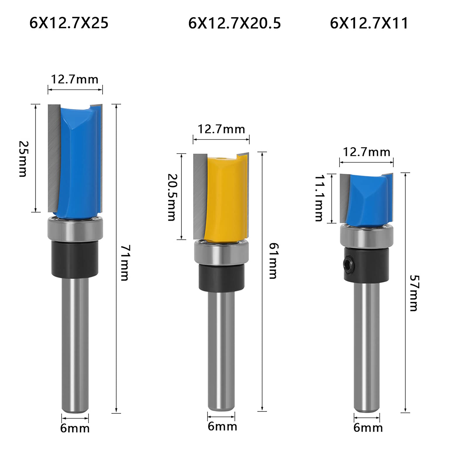 WSOOX 3 stuks professionele kantenfrezen set met 6 mm schacht, 2 fluiten rechte frees snijmes houtbewerking snijgereedschap