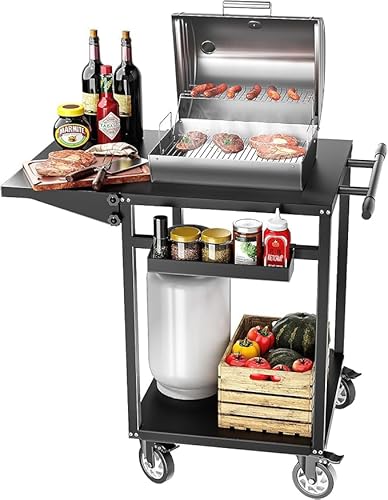 VELPAX Carrito de Parrilla de 2 Niveles de Barbacoa, Mesa de Barbacoa con Mesa Lateral Plegable, Ruedas, Estantes Encimera para Cocinas, Barbacoas, Fiestas