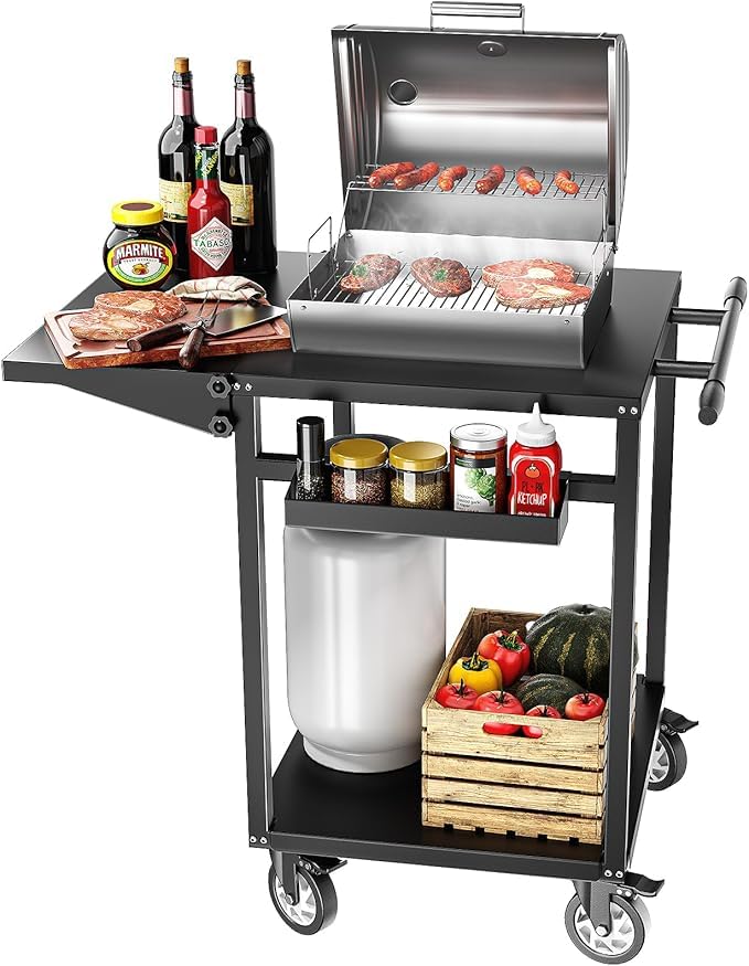 VELPAX Carrito de Parrilla de 2 Niveles de Barbacoa, Mesa de Barbacoa con Mesa Lateral Plegable, Ruedas, Estantes Encimera para Cocinas, Barbacoas, Fiestas
