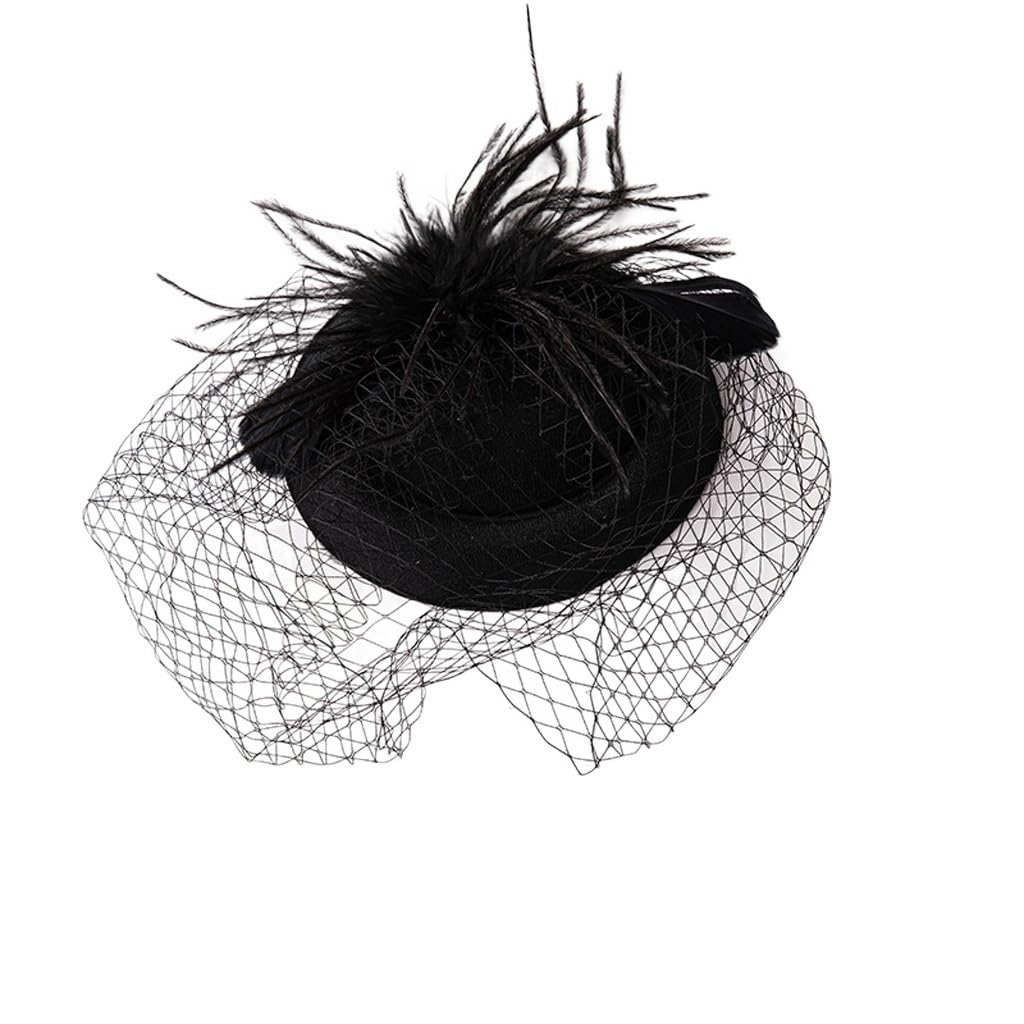 Coiffure de mariée chapeau haut-de-forme rétro en gaze et plumes