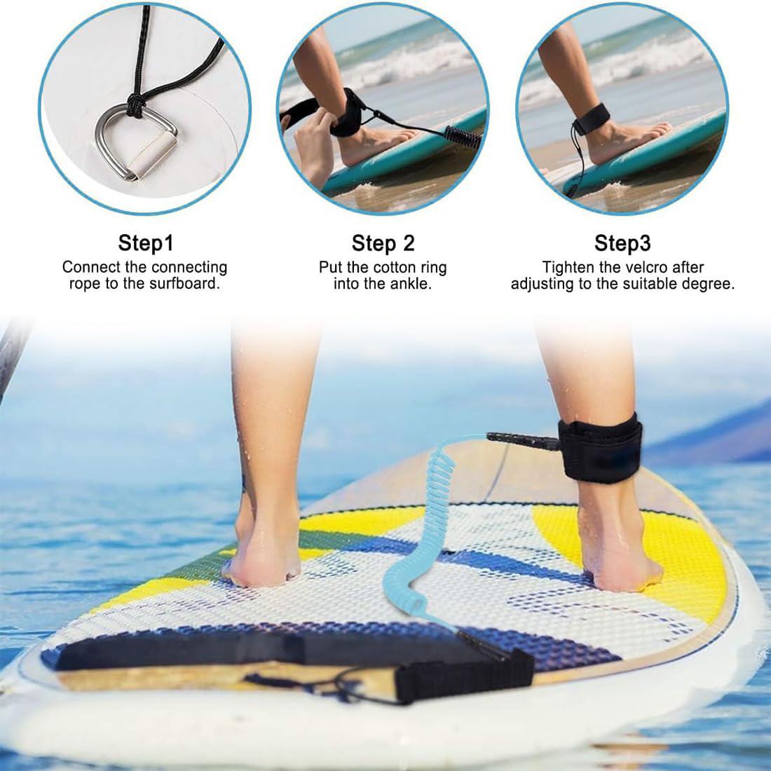 10ft SUP Guinzaglio, Lacci di Sicurezza da Surf Adulti, Guinzaglio da Surf, Spirale Leash SUP TPU, Regolabile Guinzaglio da Surf per Stand Up Paddleboard Kayak Bodyboard Longbooard