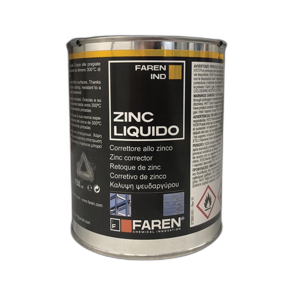 Faren ZINC Zincante Liquido a Freddo Zinco Micronizzato Puro 98% Protezione 21 Micron Resistenza Temperatura 300°C 750ml