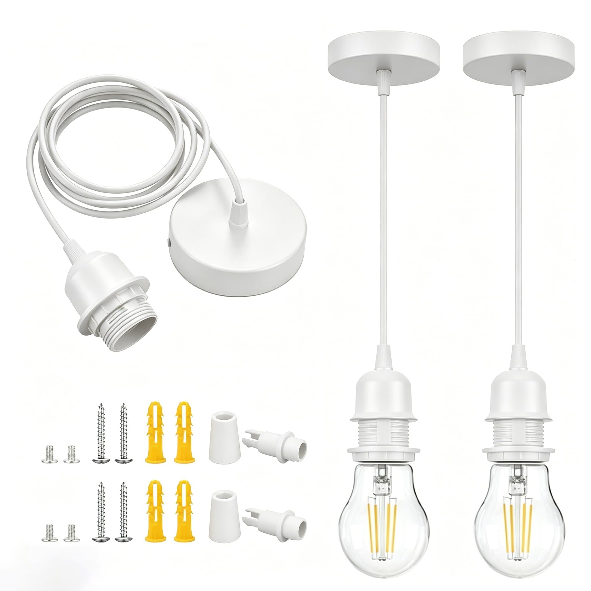 Bravsekai White Pendant Light Fitting Kit Industrial, 2PCS E27 Socket Adjustable Hanging Pendant Light, Vintage Edison Retro Ceiling Lamp Cord Fixture for Kitchen Island Hallway Dining Room
