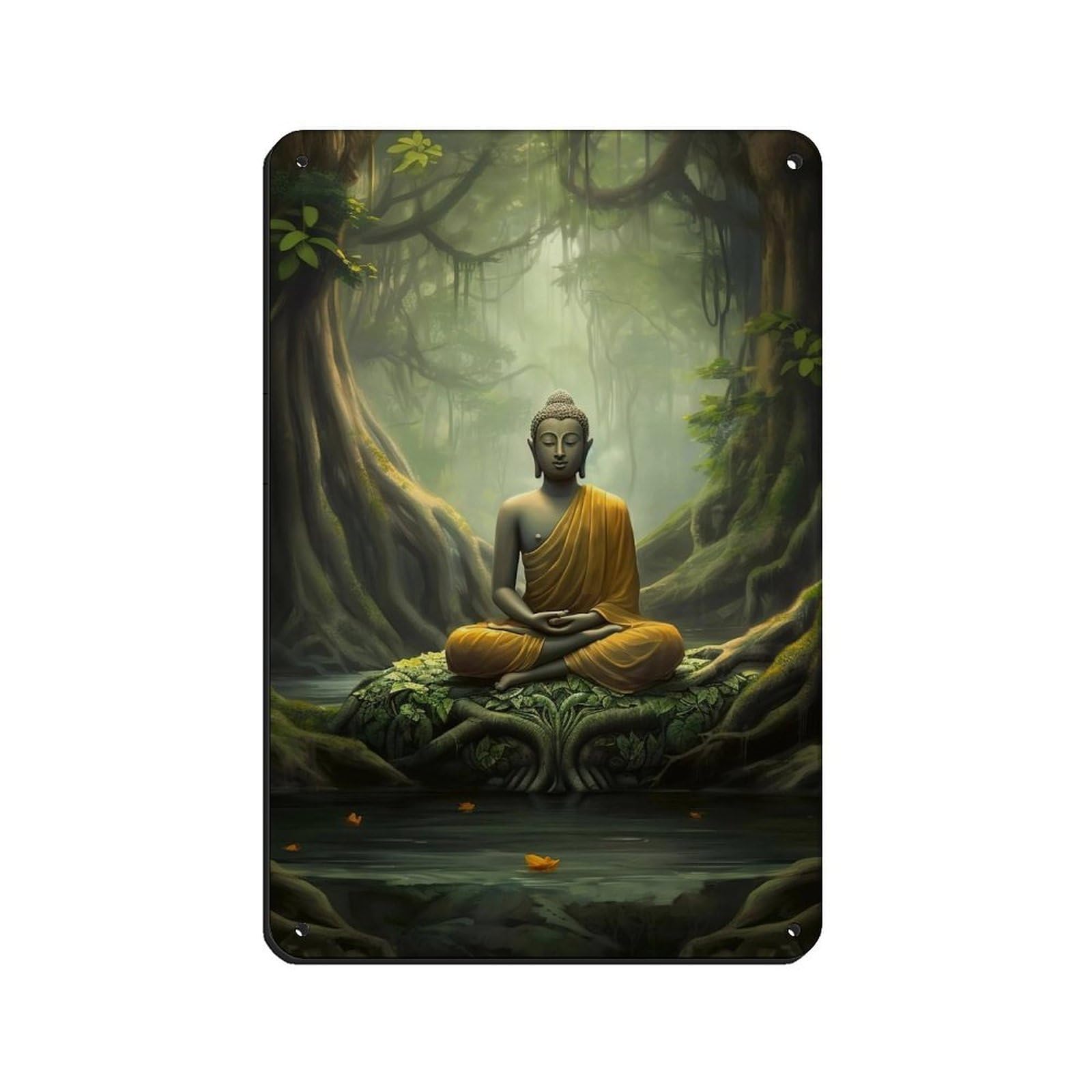 Serene Buddha in Lush Forest Meditation – Zen Retro Poster Metal Tin Sign Chic Art Retro Iron Painting Bar People Cave Cafe Family Garage Poster Wall Decoration 8x12inch(20x30cm)