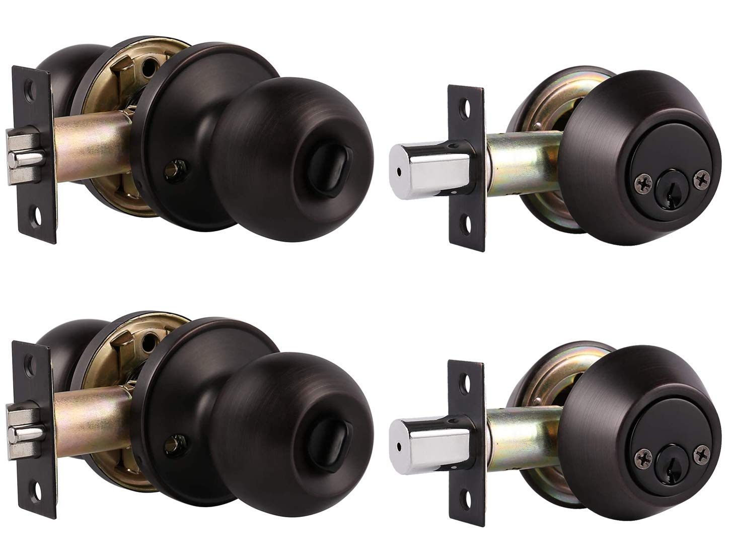 2Pack Keyed Alike Entry Door Knobs/Keyed Door Lock, Double Cylinder Keyed Deadbolt with Matching Round Style Knob, Classic Oil Rubbed Bronze Finish, Door Hardware & Lock