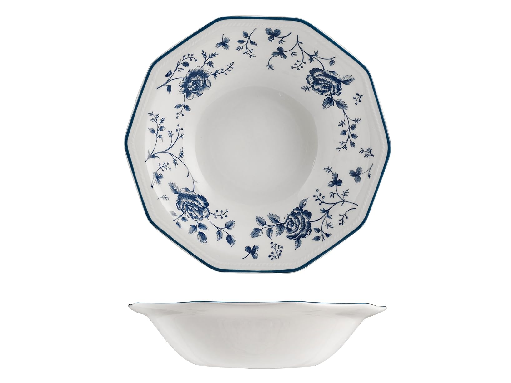 H&H Rose Blue Set of 6 Earthware Decorated Soup Plates, 20 cm