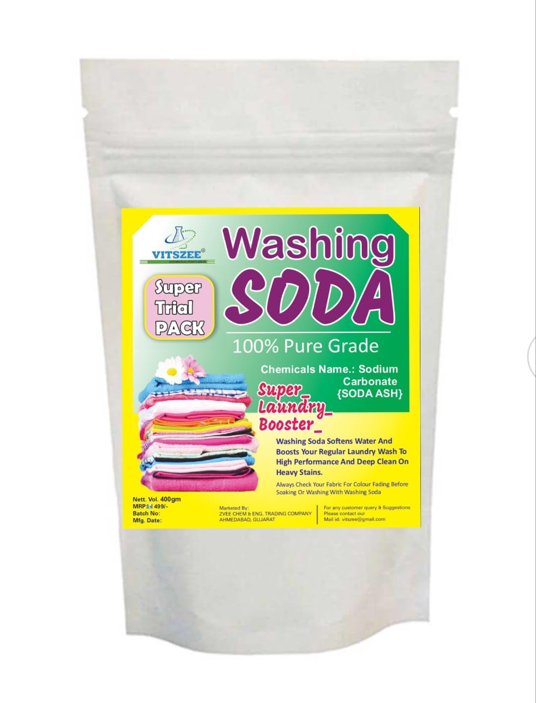 VITSZEECARE Washing Soda powder 400gm | Ultimate Household Cleaner and Laundry Booster for clothes | stain removal |