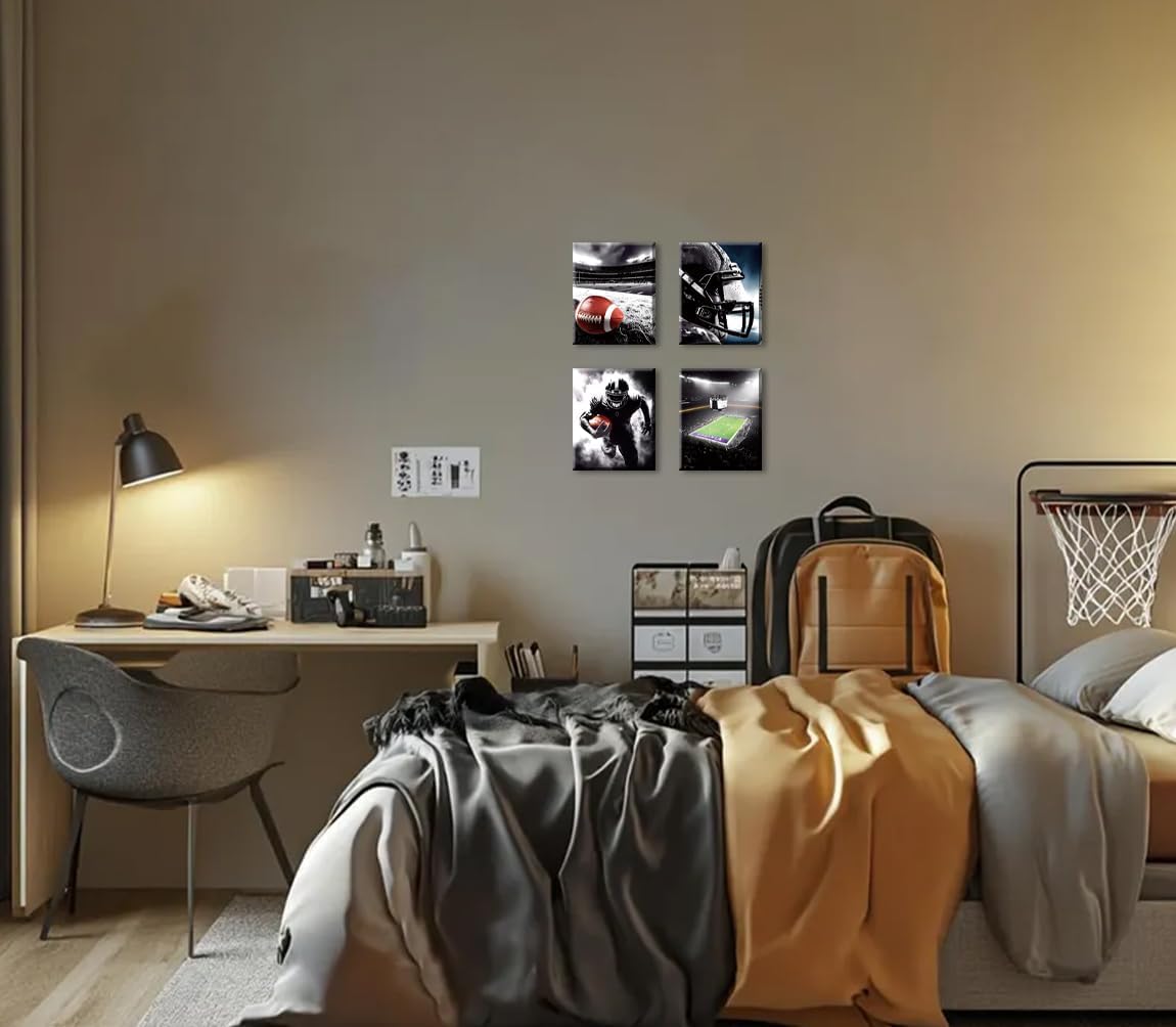 Framed American Football Sport Canvas Wall Art,American Football Prints, Set of 4 (8"X10") Rugby Art Poster, Black White Gym Artwork Prints for Bedroom Man Cave Boy's Bedroom Decor