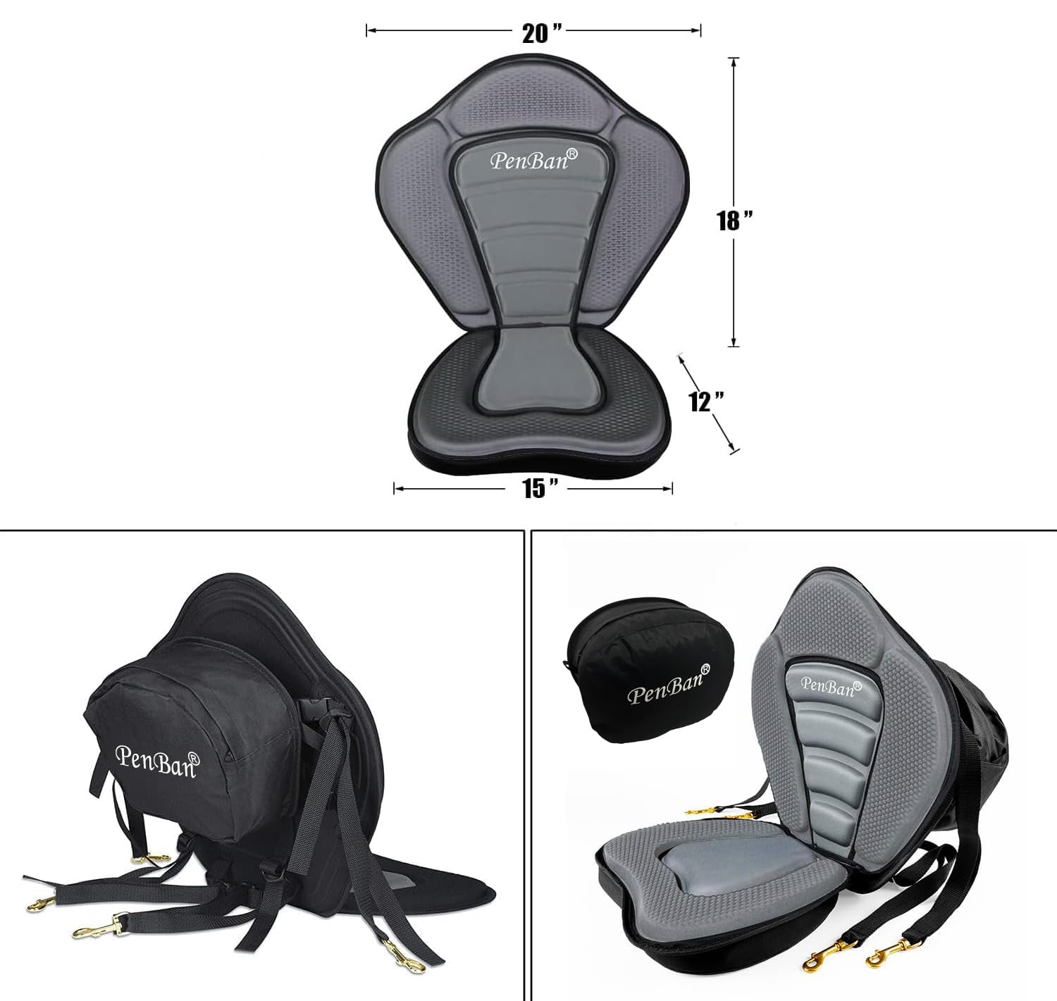 Universelles Deluxe-Kajak-Sitzkissen mit Aufbewahrungstasche, Bootssitz, SUP-Sitz, Kanusitz, 4 verstellbare Gurte für Kajakfahren, Kanu, Rafting, Angeln (【Dick】 1 Packung, Grau)