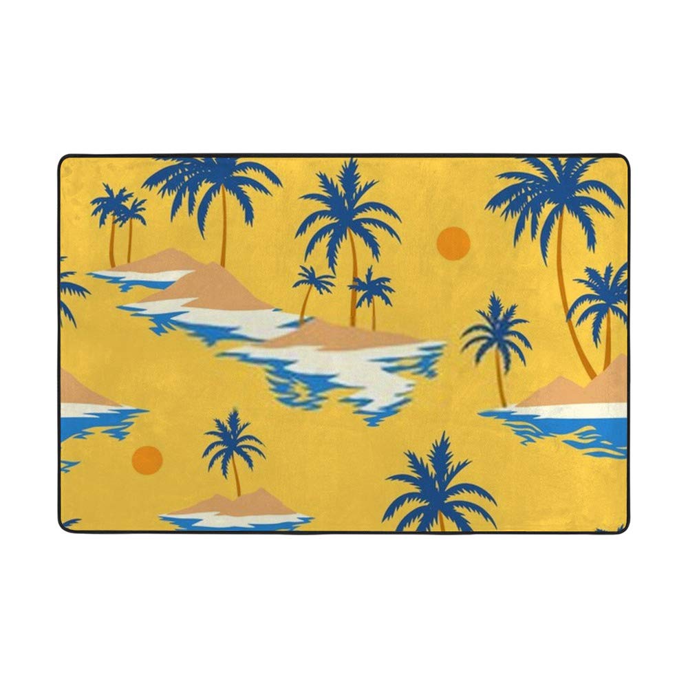 Grand tapis de salon jaune 160x122 en velours corail motif tropical hawaïen