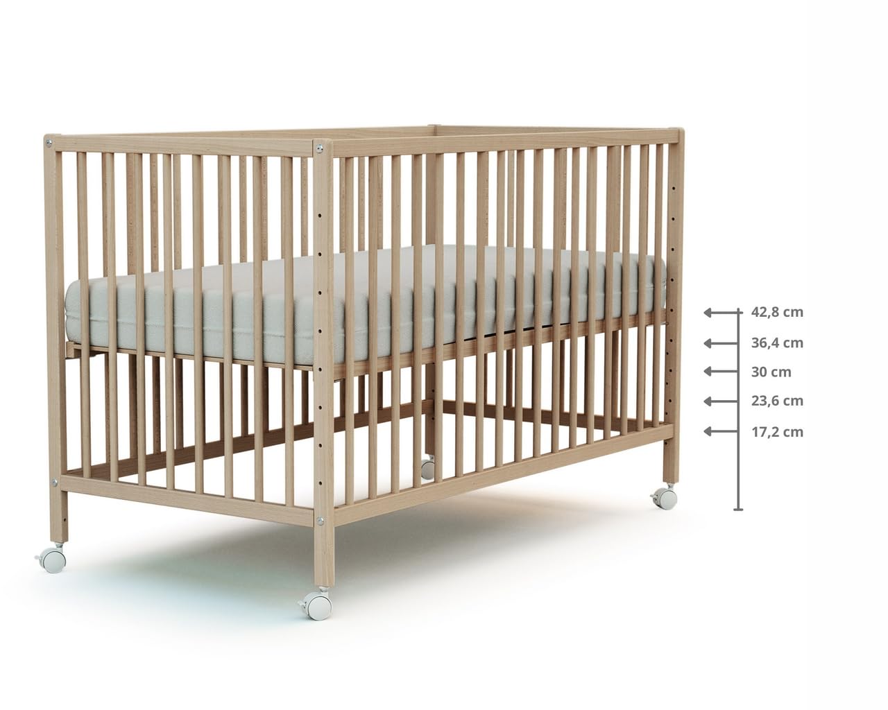 WEBABY - Cuna bebe colecho 60x120 madera con ruedas LIO - Haya Cruda - 124 x 64,50 x 81cm
