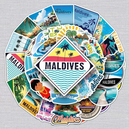 Lot de 50 autocollants Maldives en vinyle pour adolescents et adultes - Pour voiture, moto, vélo, skateboard, snowboard, bagages, ordinateur portable, valise, casque, moto, ordinateur