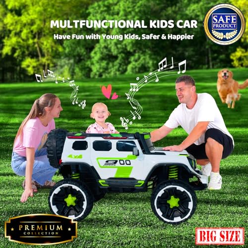 Image of Driving EV Cars for 1, 2, 3, 4, 5, 6 Years | Remote + Steering + Mobile App Control | Kids Jeeps (Big Size Jeep [2-10 Years], White /Green)