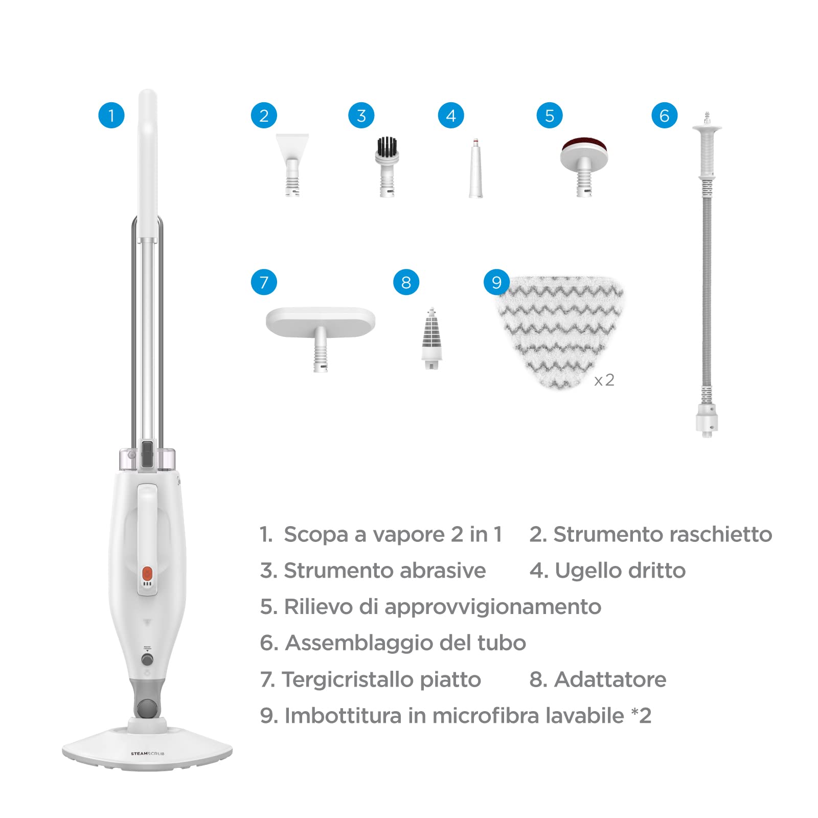 Midea MSM2115WW Scopa a Vapore, Lavapavimenti a Vapore 10 in 1, Uccide il 99,9% di Batteri senza Residui Chimici, Soddisfa Varie Scene di Pulizia; Bianco e Argento